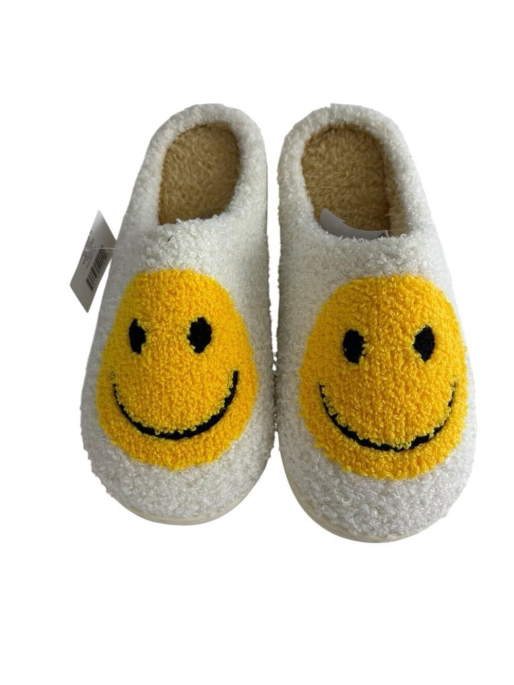 Womens White/Yellow Smiley Fuzzy Slip-On Slippers Flat Round Toe US 5/6 NEW